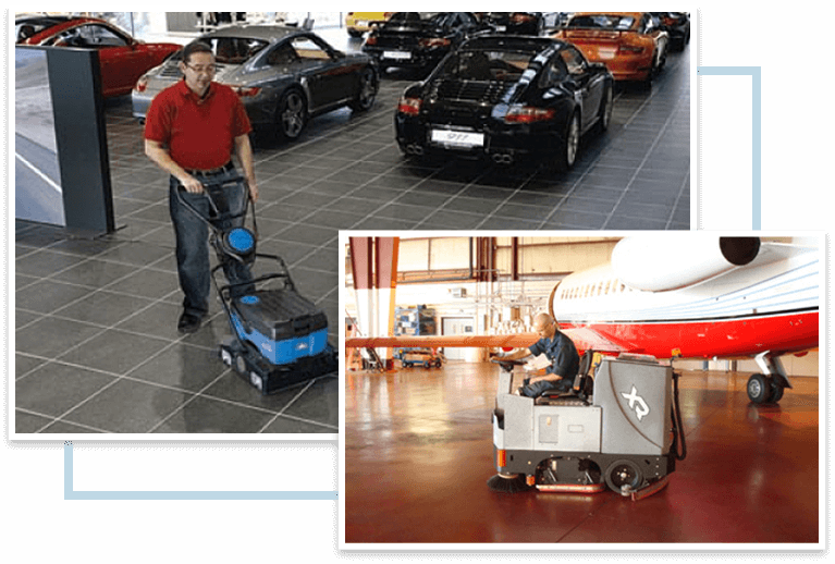 A man is using an electric floor scrubber.