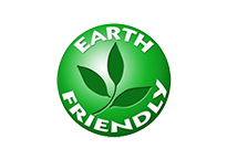 A green earth friendly logo with a plant in the middle.