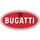 Bugatti logo in red oval with black lettering.