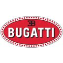 Bugatti logo in red oval with black lettering.