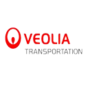 A red and white logo of veolia transportation.