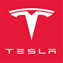 A red and white logo of tesla.